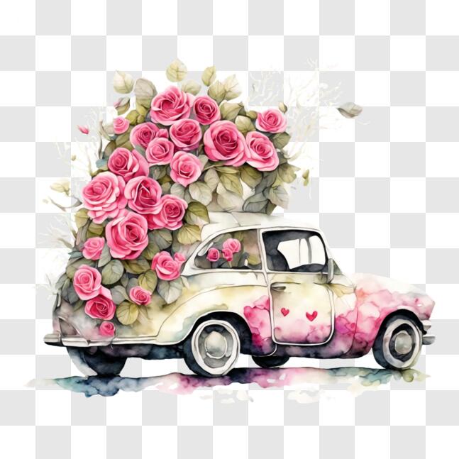 Download Vintage Car Decorated with Pink Roses PNG Online - Creative ...