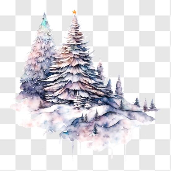 Arbres de Noël à l'aquarelle dans la neige PNG