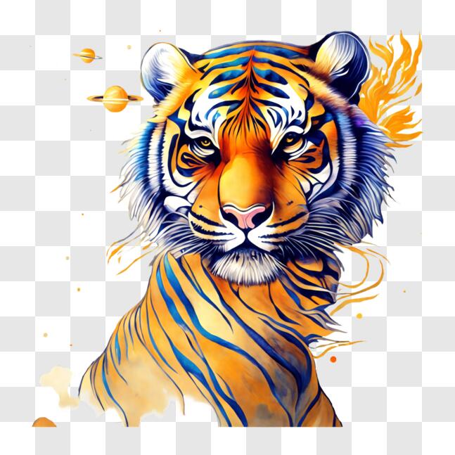 Download Colorful Painting of Tiger with Planets in the Background PNG ...
