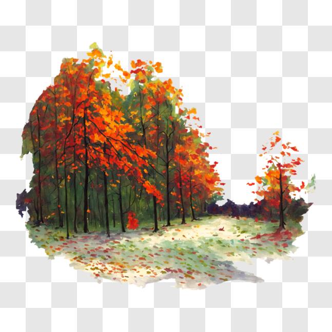 Download Autumn Forest Painting with Red Dog PNG Online - Creative Fabrica