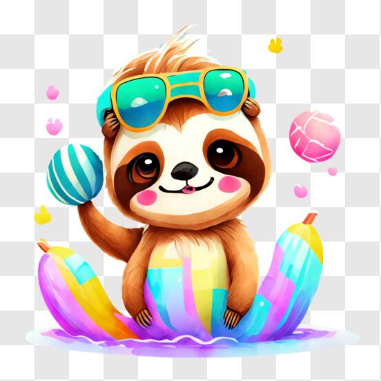 Cute sloth wearing sunglasses sitting on colorful slushy