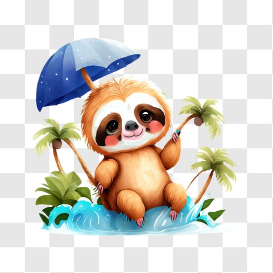 Cute sloth under an umbrella in the water