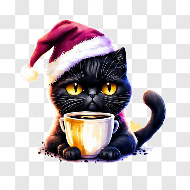 Download Curious Black Cat with Santa Hat and Coffee PNG Online ...