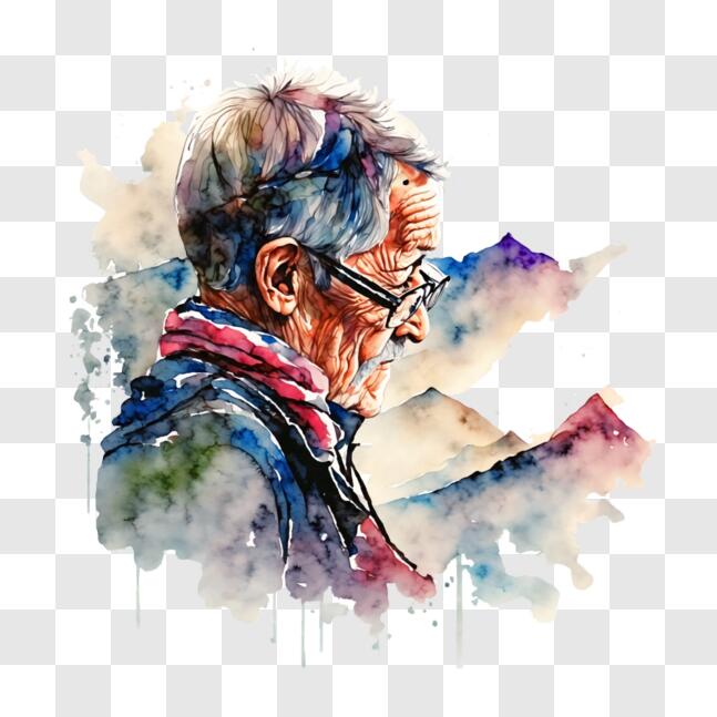 Download Watercolor Painting of an Elderly Man with Glasses PNG Online ...
