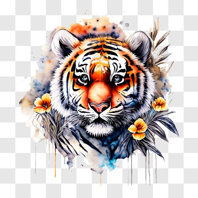 Download Colorful Tiger's Head Painting with Flowers PNG Online ...