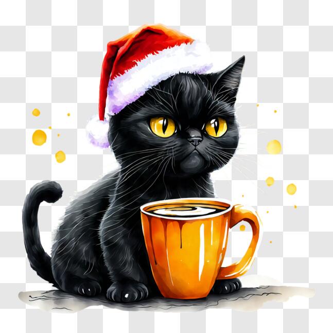 Download Playful Black Cat with Santa Hat and Striped Cup PNG Online ...