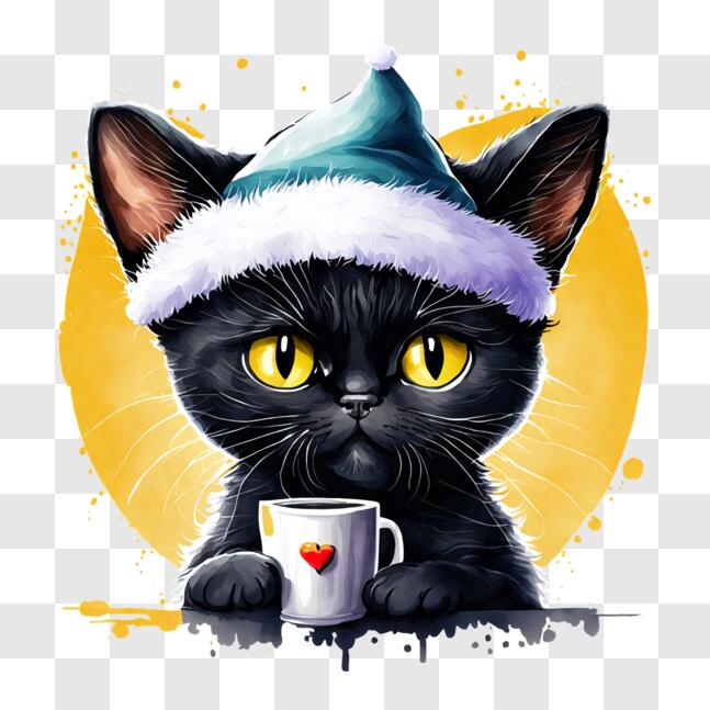 Download Playful Black Cat with Hearts and Santa Hat PNG Online ...