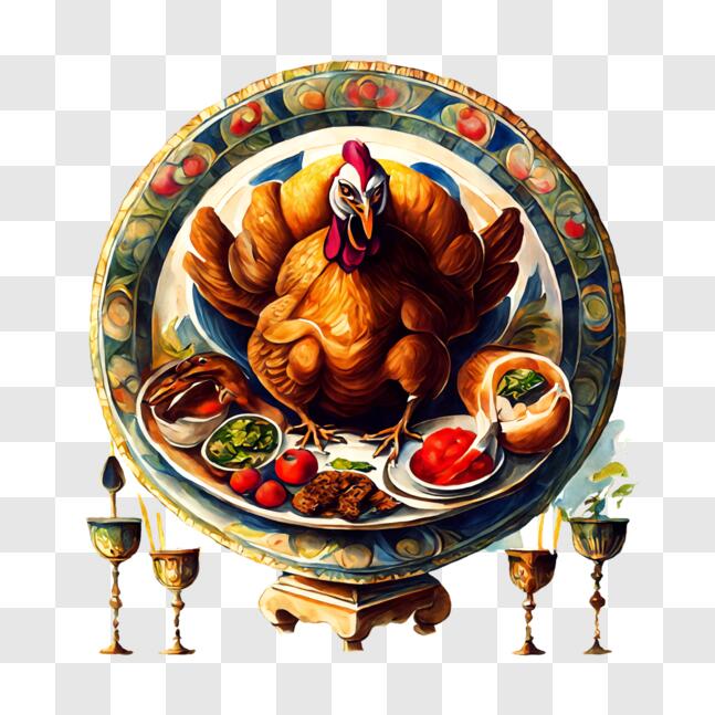 Download Thanksgiving Turkey Painting with Dishes and Condiments PNG ...