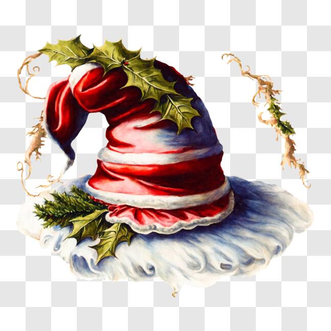 Download Festive Red, White, and Blue Santa Hat with Holly Leaves PNG ...