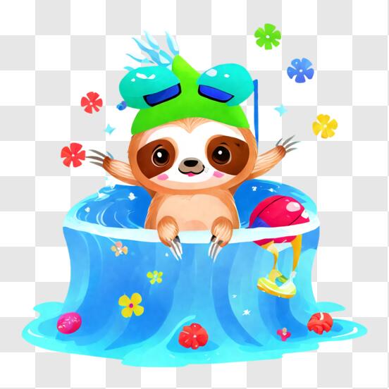 Cute Sloth in Water with Green Hat and Goggles