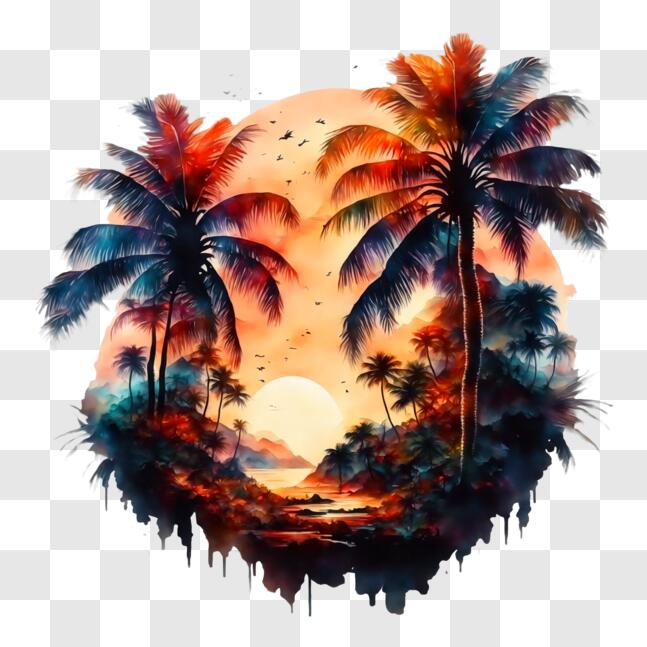 Download Tropical Landscape with Palm Trees and Sunset PNG Online ...