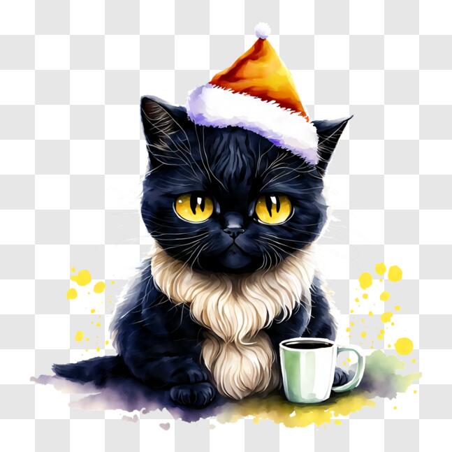 Download Cute Black Cat with Santa Hat and Coffee Cup PNG Online ...
