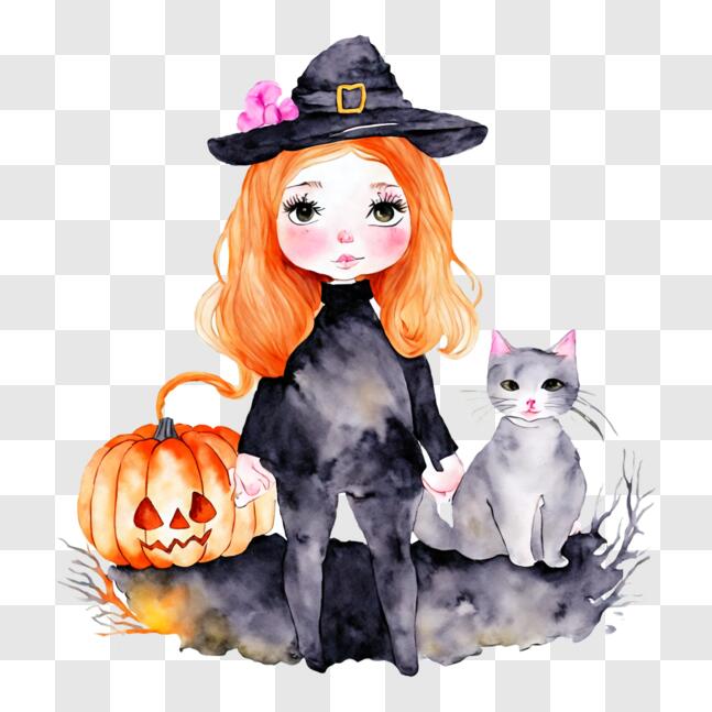 Download Watercolor Illustration of Girl in Witch Costume with Pumpkins ...