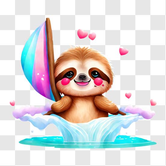 Cute Sloth Holding Heart Umbrella in Water