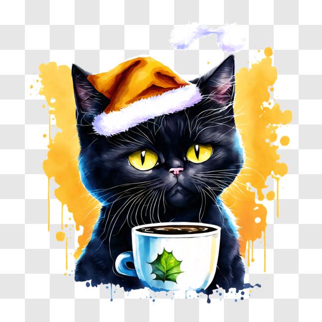 Download Cute Black Cat with Santa Hat and Coffee PNG Online - Creative ...