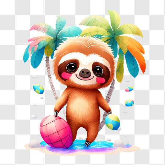 Cute Sloth with Easter Egg in front of Palm Trees