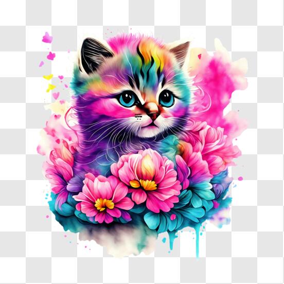 Download Colorful Kitten with Watercolor-like Flowers PNG Online - Creative  Fabrica