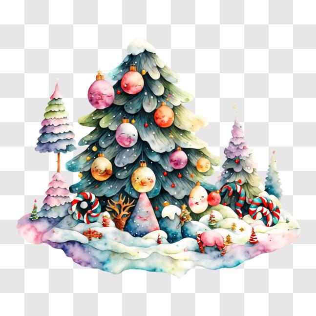 Download Watercolor Christmas Tree Painting on Snowy Terrain PNGs ...