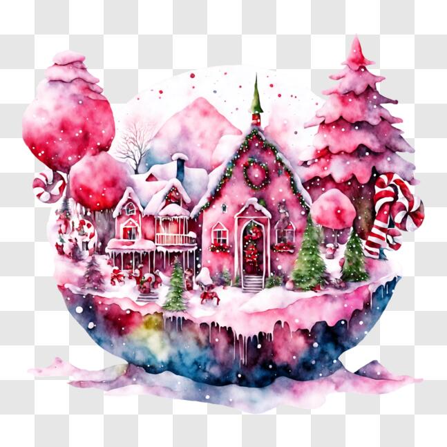 Download Watercolor Christmas Village with Pink and White Decorations ...