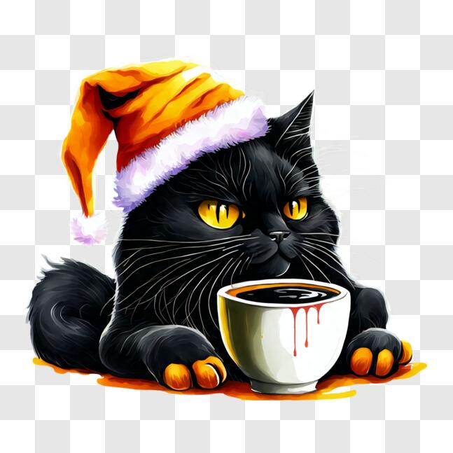 Download Cute Black Cat with Santa Hat Enjoying a Cup of Coffee PNG ...