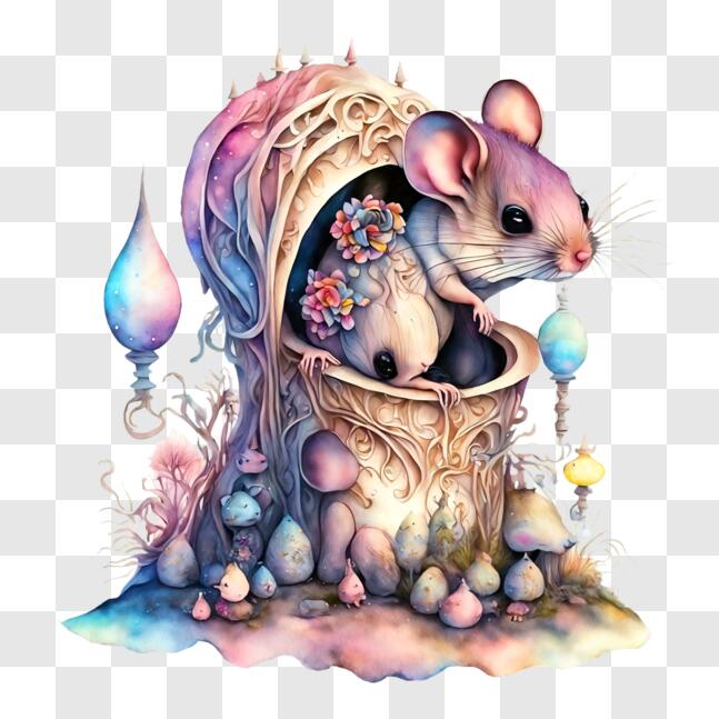 Download Two Mice in a Mushroom House surrounded by Flowers and ...