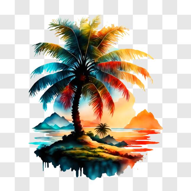 Download Serene Tropical Island Sunset with Palm Tree and Ocean PNG ...