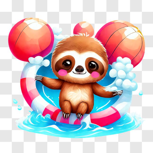 Download Cute Sloth on Inflatable Ring in Water with Basketball ...
