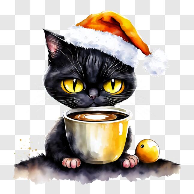 Download Playful Black Cat with Santa Hat and Coffee PNG Online ...