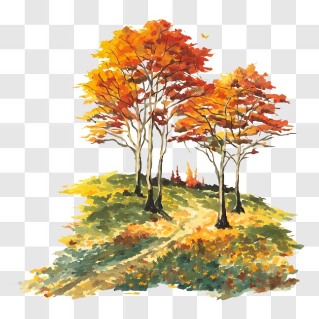 Download Beautiful Autumn Trees Painting with Colorful Leaves PNG ...