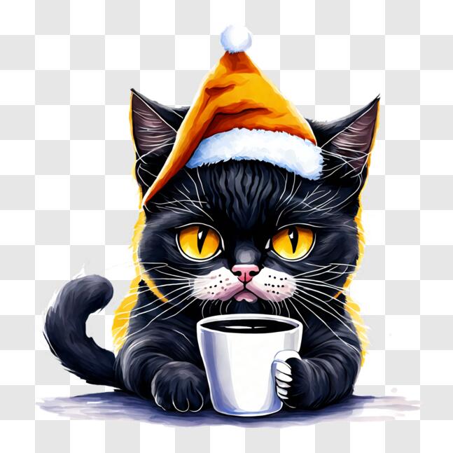 Download Festive Black Cat with Santa Claus Hat and Coffee PNG Online ...