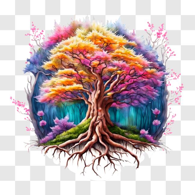 Download Vibrant Tree with Colorful Roots and Blooming Flowers PNGs ...