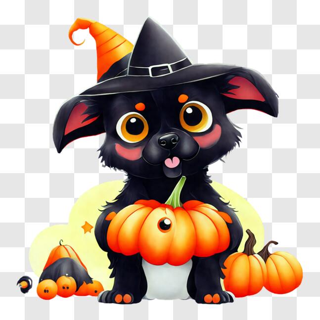 Download Black Dog Wearing Witch Hat with Pumpkins PNGs Online ...