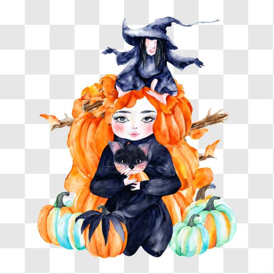 O halloween em uma garota de anime usando um capacete de bruxa e