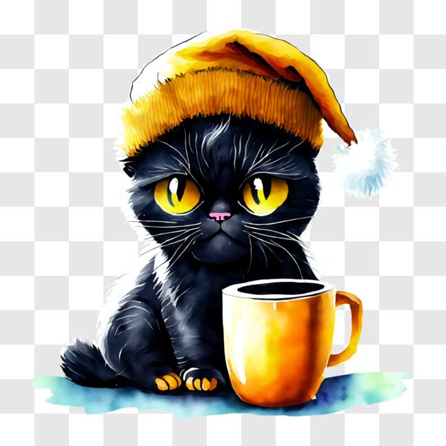 Download Adorable Black Cat Enjoying a Cup of Coffee PNG Online ...