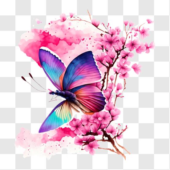 Download Colorful Butterfly on Cherry Blossom Branch PNG Online