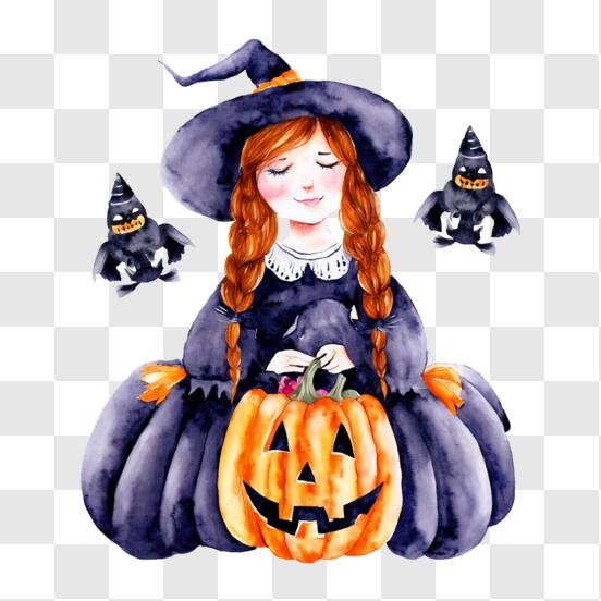 Ilustração De Halloween De Uma Bruxa Fofa Com Uma Abóbora Na Mão
