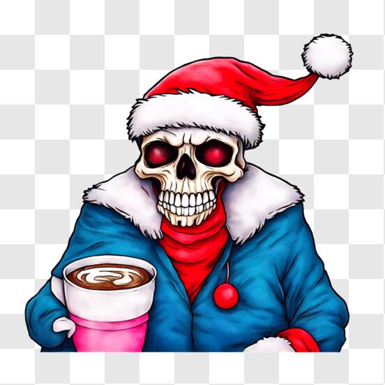 Baixe Desenho animado de caveira com chapéu de Papai Noel e xícara de café  Feliz Natal PNG - Creative Fabrica