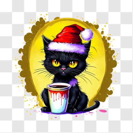 Scarica Gatto nero curioso con cappello di Babbo Natale e caffè PNG Online  - Creative Fabrica