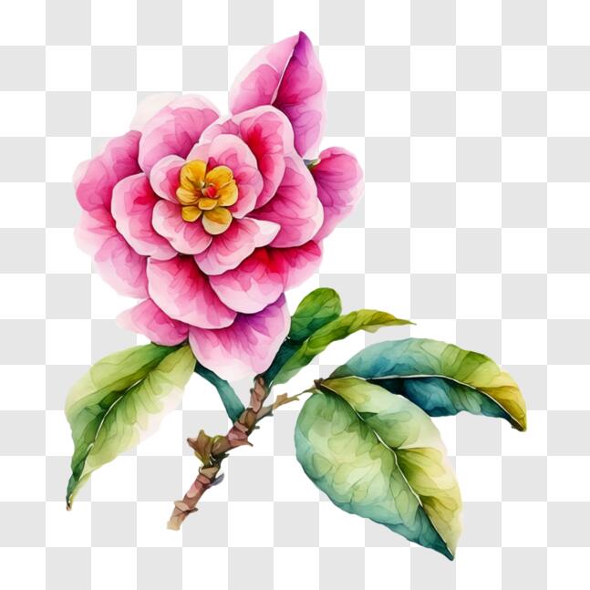 Download Watercolor Painting of a Pink Flower with Green Leaves PNGs ...