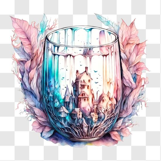 Télécharger Illustration fantastique avec verre, feuilles, fleurs et  châteaux PNG En Ligne - Creative Fabrica