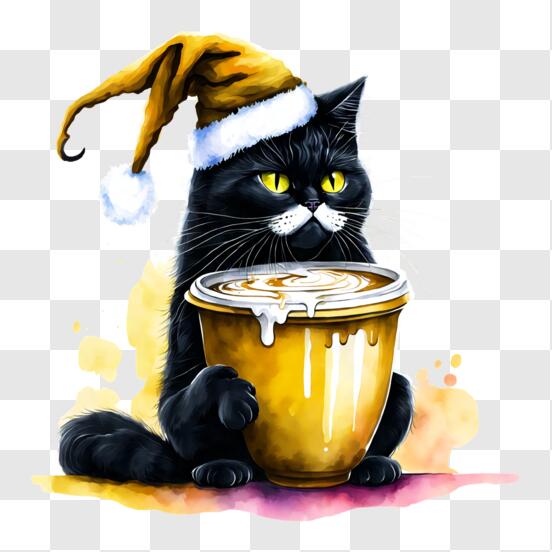 Scarica Gatto nero carino che gusta il caffè con cappello di Babbo Natale PNG  Online - Creative Fabrica