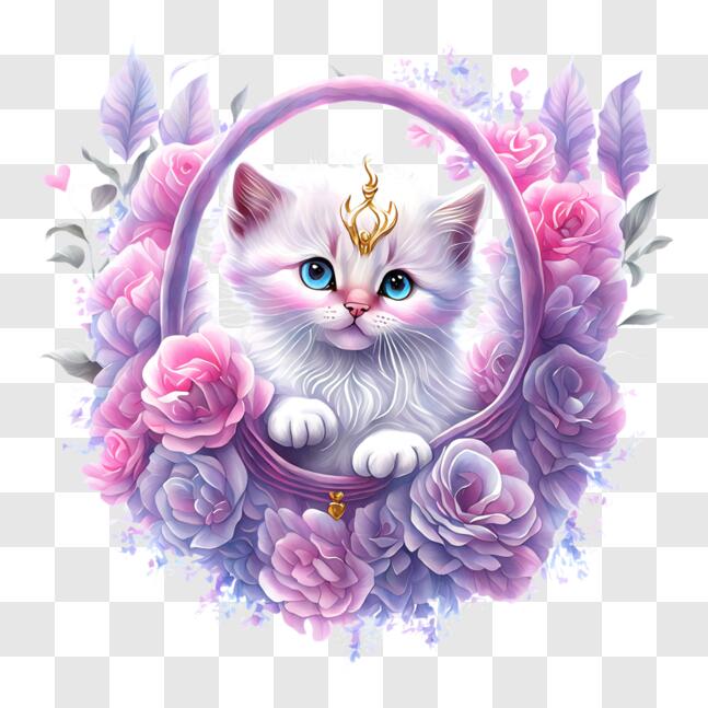 Download White Cat Sitting in a Bed of Purple Roses PNGs Online ...