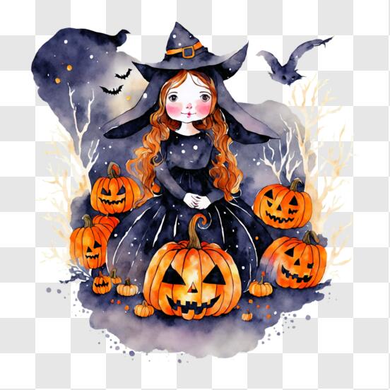 bruxa fofa de halloween montando uma vassoura voando no céu com