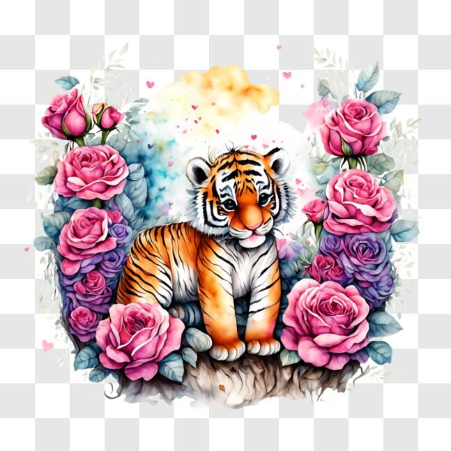 Download Tiger in Roses and Flowers - Artistic Representation PNG ...
