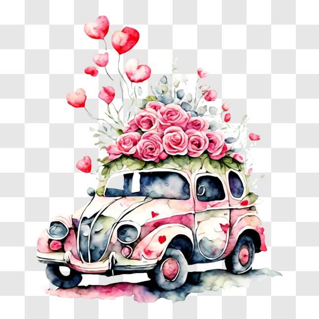 Download Valentine's Day Pink Car with Roses and Balloons PNG Online ...