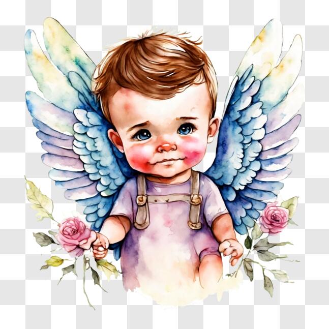 Angel Watercolor Painting with Wings and Roses PNG
