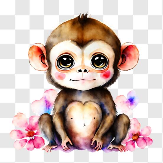 Baixe Macaco Adorável com Flores Coloridas PNG - Creative Fabrica