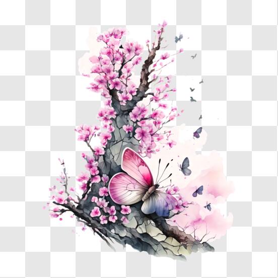 Download Colorful Butterfly on Cherry Blossom Branch PNG Online