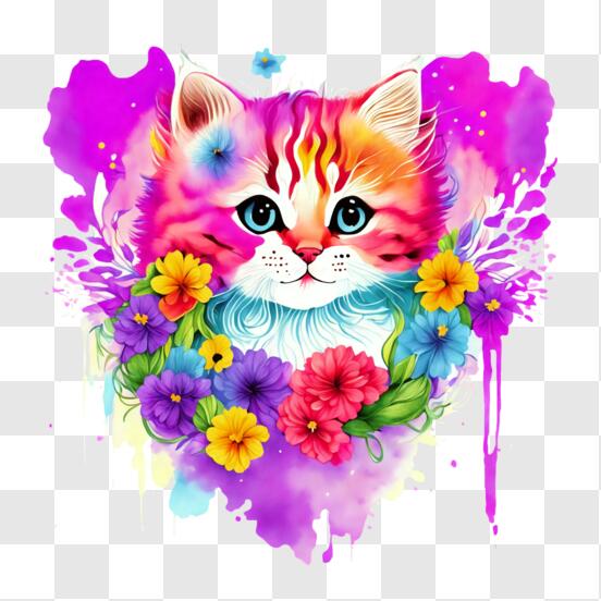 Scarica Gattino colorato con ghirlanda floreale PNG Online