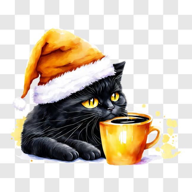Download Cute Black Cat with Santa Hat and Coffee PNG Online - Creative ...